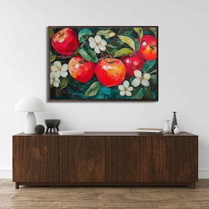 Bright Apples And Apple Blossoms Wall Art Canvas Print, Fruit Painting, Floral Wall Art, Kitchen Art, Ready To Hang