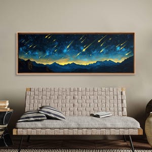 May include: A long, horizontal painting depicting a dark blue night sky with a multitude of yellow shooting stars streaking across the canvas. The stars are set against a backdrop of a distant mountain range silhouetted against the horizon.