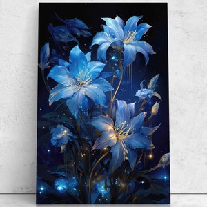 Bright Glistening Enchanted Flowers, Floral Wall Art, Framed Canvas Print, Office Decor, Botanical Home Decor