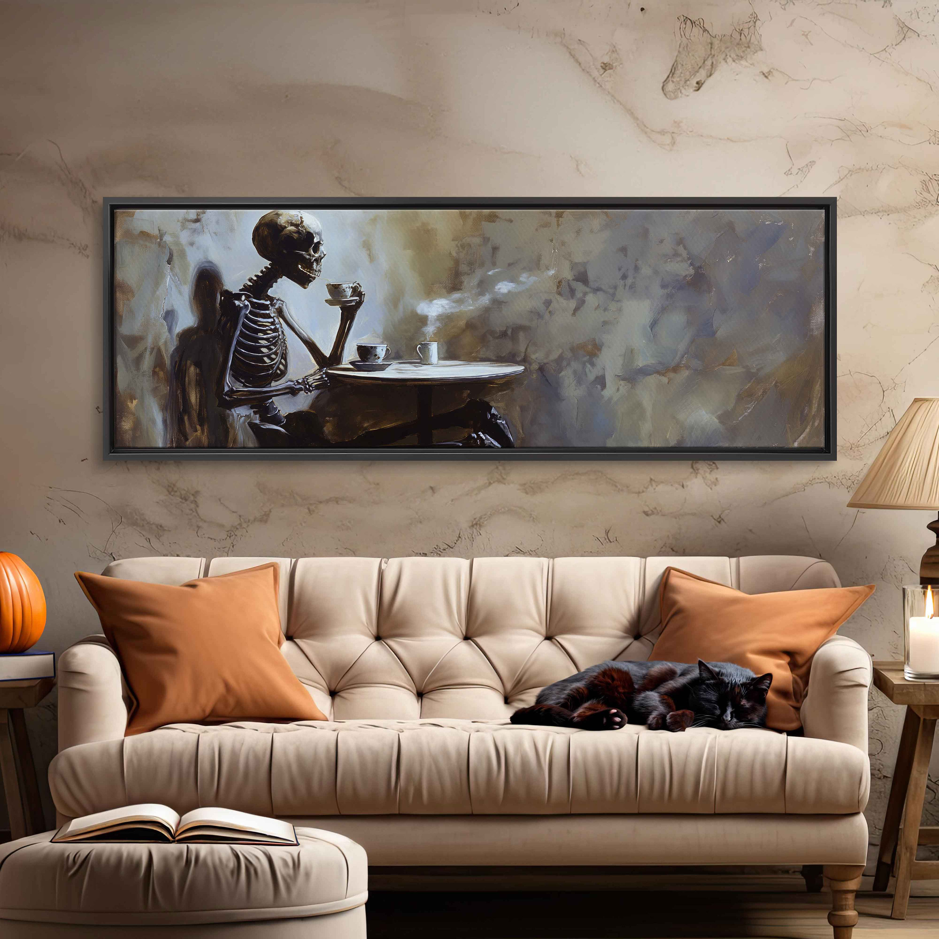 Skeleton Making Tea Skeleton Having A Cup of Tea at Small Table Whimsical Oil Painting Wall ...