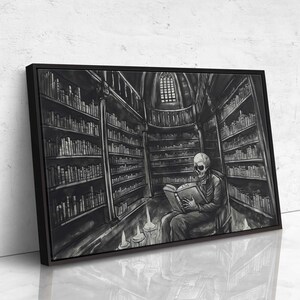 Skeleton in Library Reading by Candlelight Ink Art Painting Wall Art ...