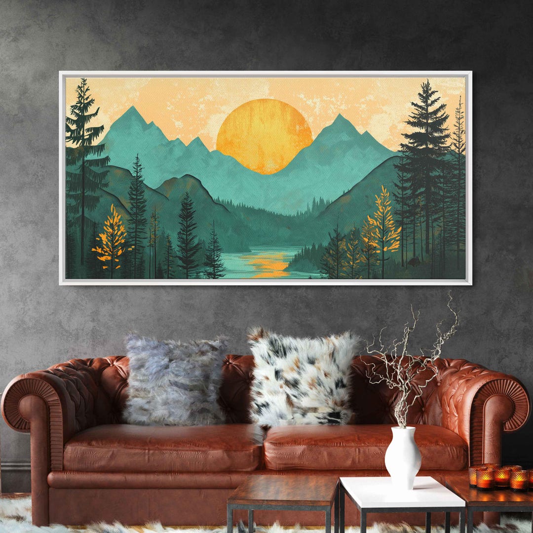 Woodcut Sunset Over Mountain Stream and Forest Wall Art Canvas Print ...