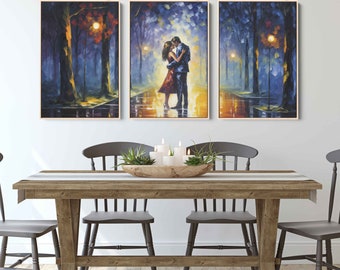 Romantic Walk In Park, 3 Piece Wall Art, Triptych Wall Art, Framed Canvas Print, Ready To Hang, Palette Knife Painting, Impressionist Art