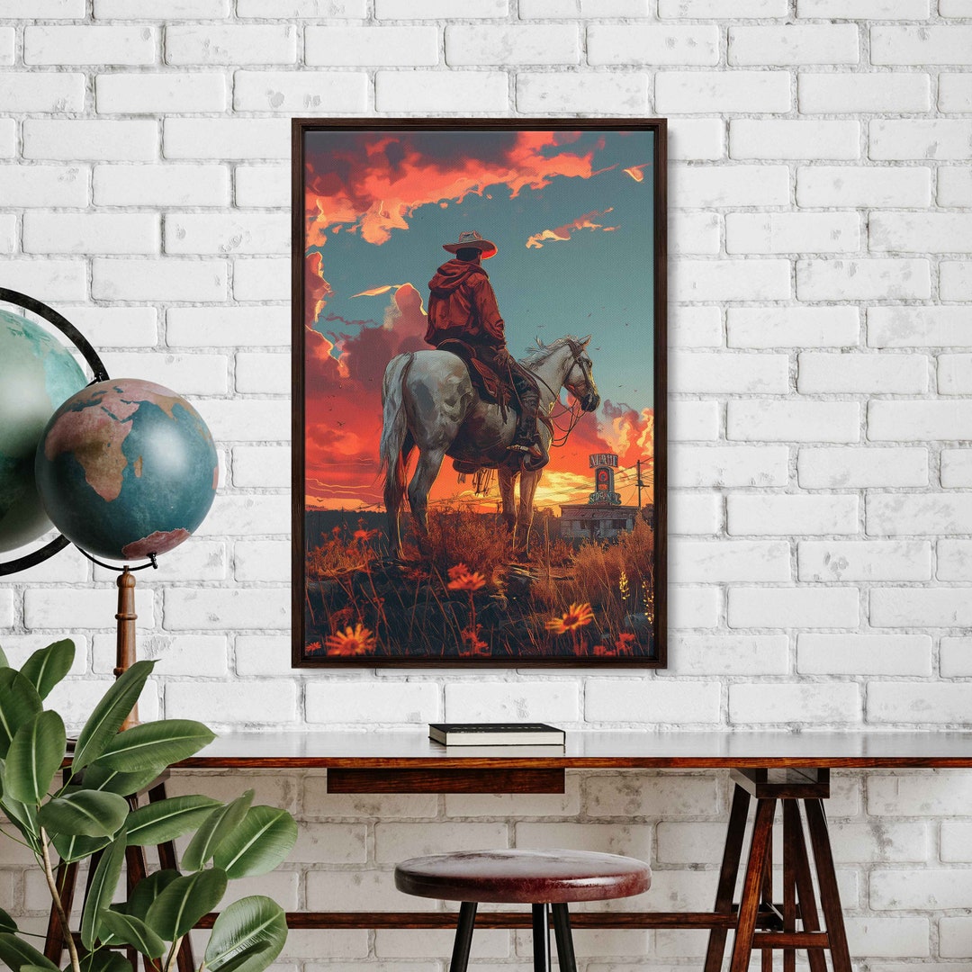 Cowboy Sitting on Horse During Sunset Wall Art Canvas Print, Rural ...
