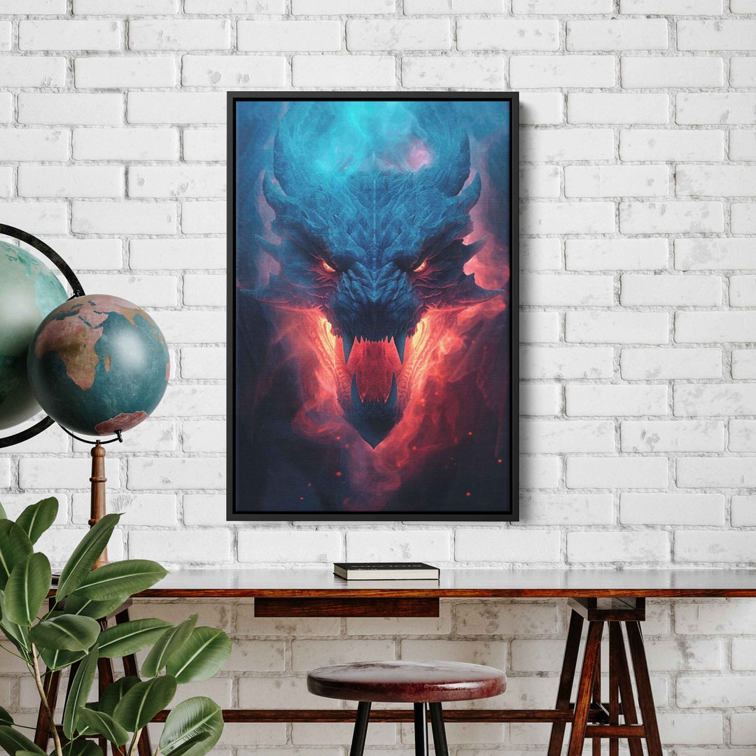 Fire Breathing Dragon Head Wall Art Print, Framed Canvas Print, Office ...
