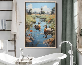 May include: A painting of two ducks swimming in a pond with green reeds and orange flowers. The ducks are brown and white with orange beaks. The water is blue and the sky is light blue with white clouds.