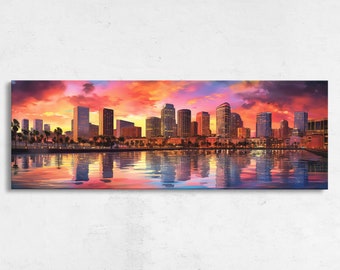 City Skyline Vibrant Wall Art, Framed Canvs Print, Ready To Hang