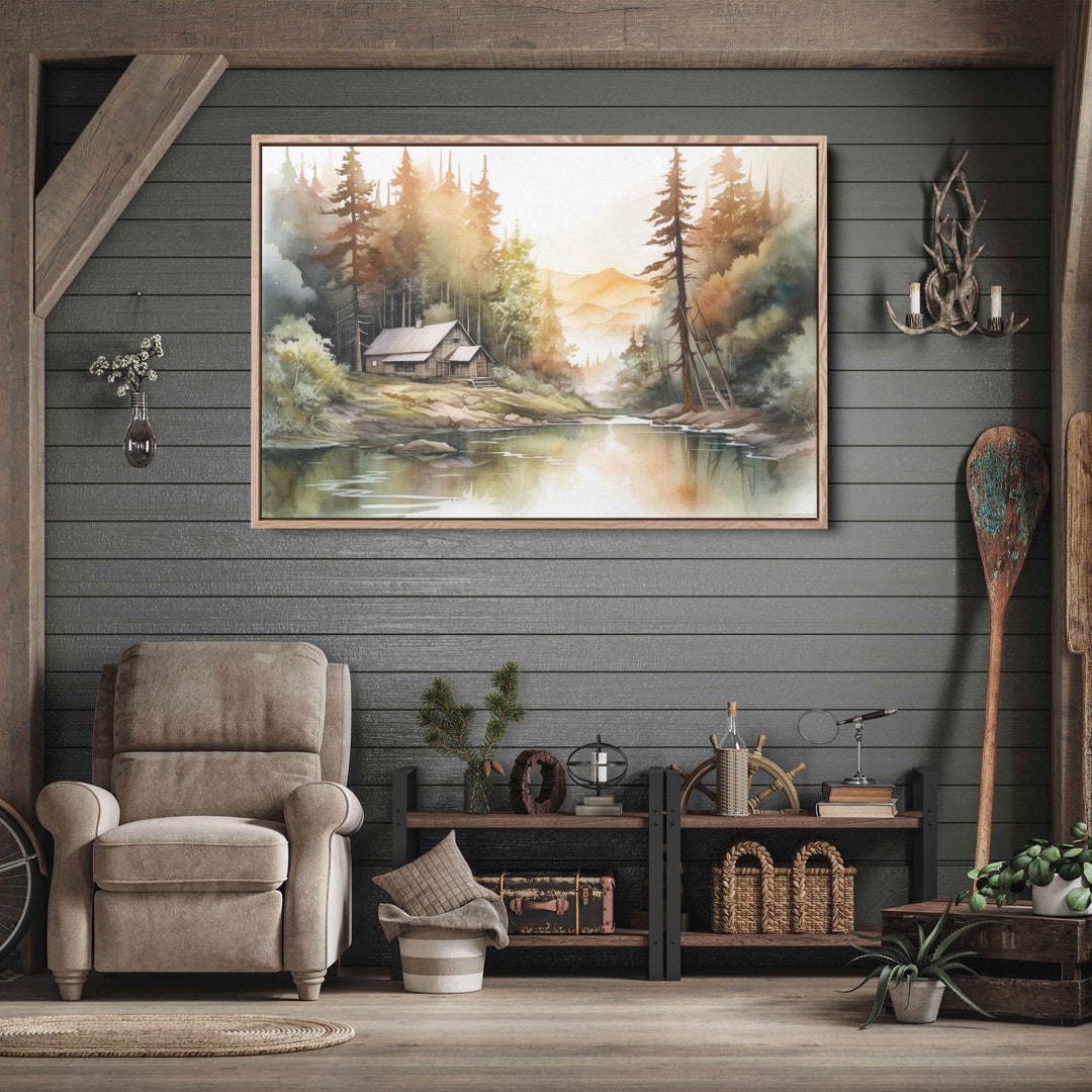 Beautiful Log Cabin Forest Watercolor Painting | Light Neutral Colors ...