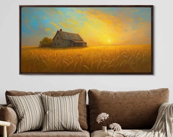 Nostalgic Farmhouse In A Golden Wheat Field, Wall Art Canvas Print