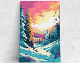 Colorful Pop Art Winter Landscape, Digital Illustration With Vibrant Colors, Ready To Hang Canvas, Cabin Decor, Winter Decor
