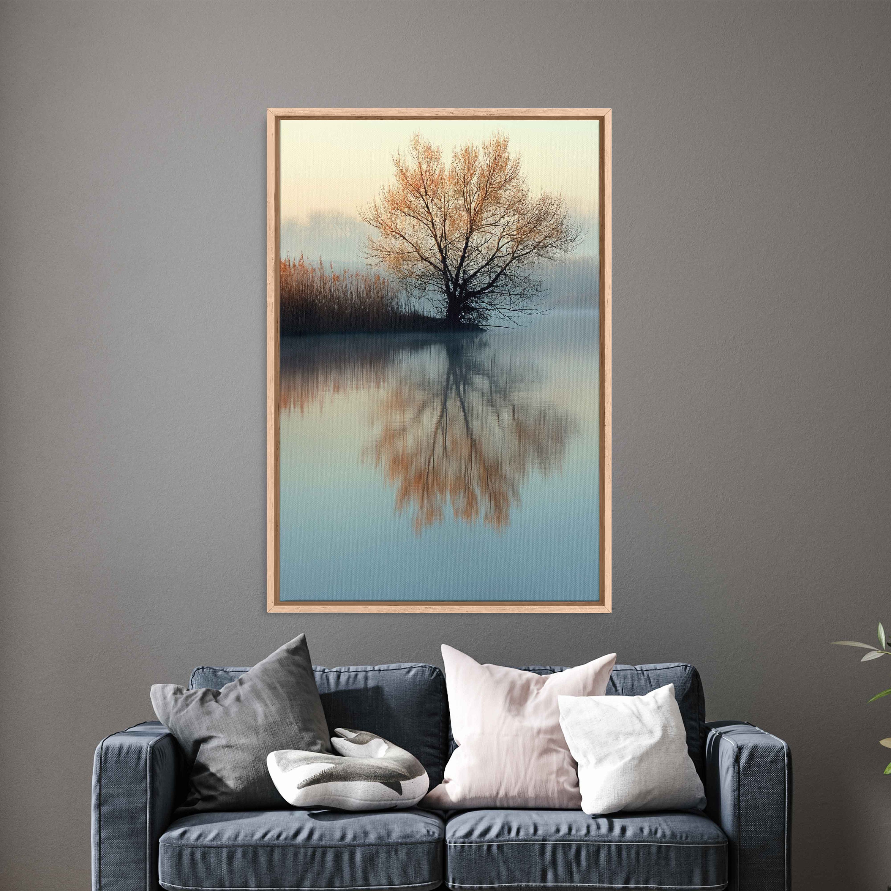 Reflection Tree Hanging Lone Tree With Reflection Overhanging Calm Waters on Lakeshore Wall Art ...