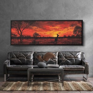 Kangaroo Silhouette On Australian Outback Sunset Panoramic Wall Art Canvas Print, Nature Painting, Animal Poster, Ready To Hang