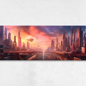 Futuristic Cyberpunk Cityscape At Sunset Panoramic, Framed Canvas Print, Ready To Hang, Game Room Decor, Man Cave Art