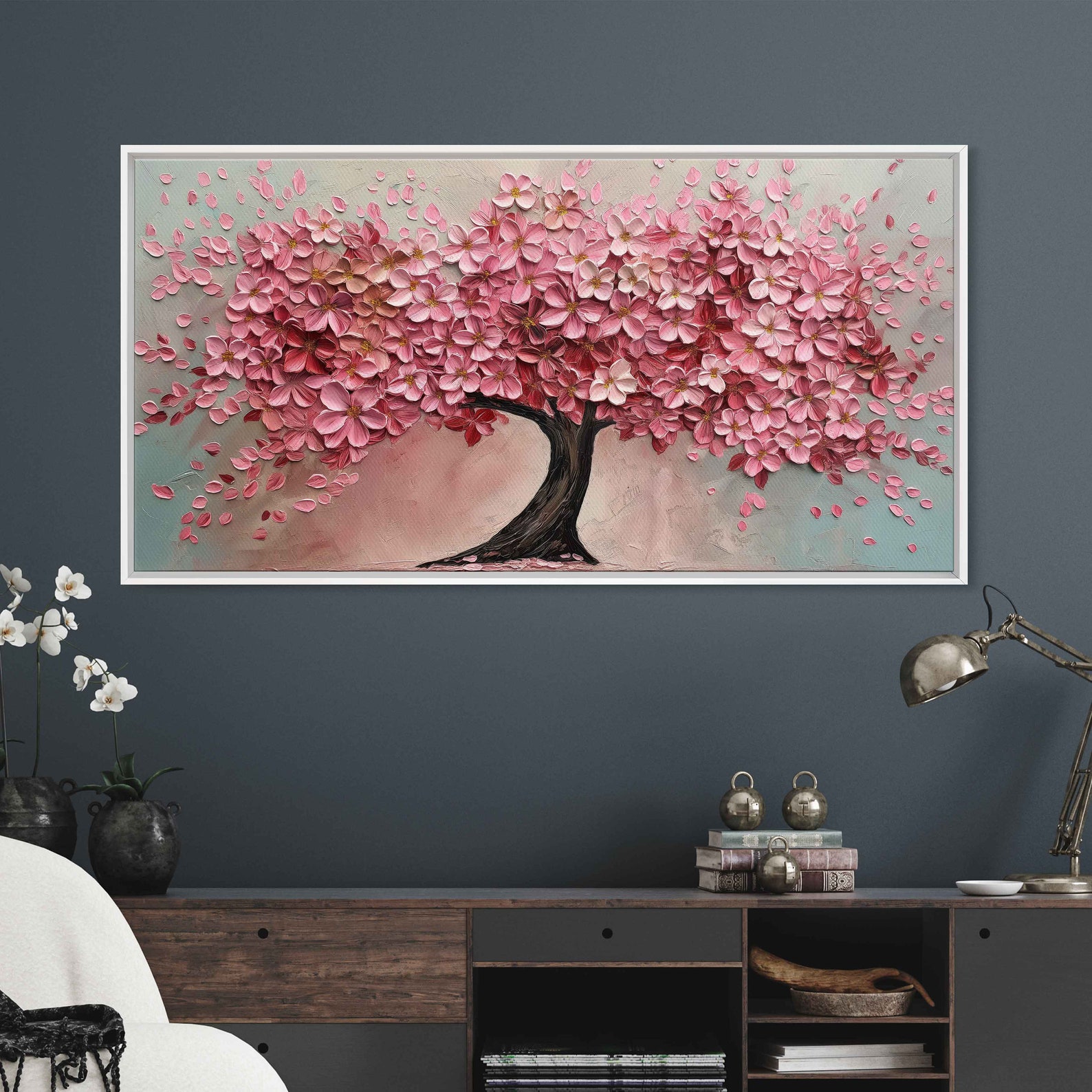 Vibrant Cherry Blossom Tree Painting, Cherry Blossom Petals, Vivid ...