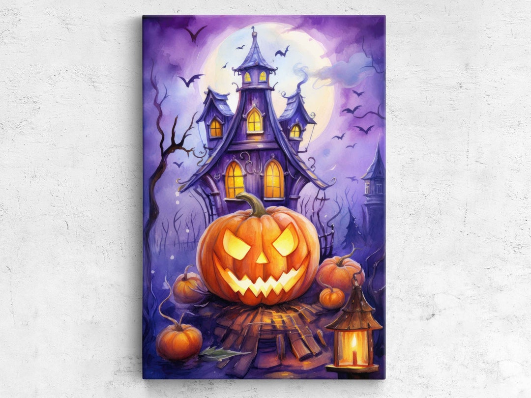 Halloween Jack O Lantern Watercolor Painting, Canvas Wall Art Print ...