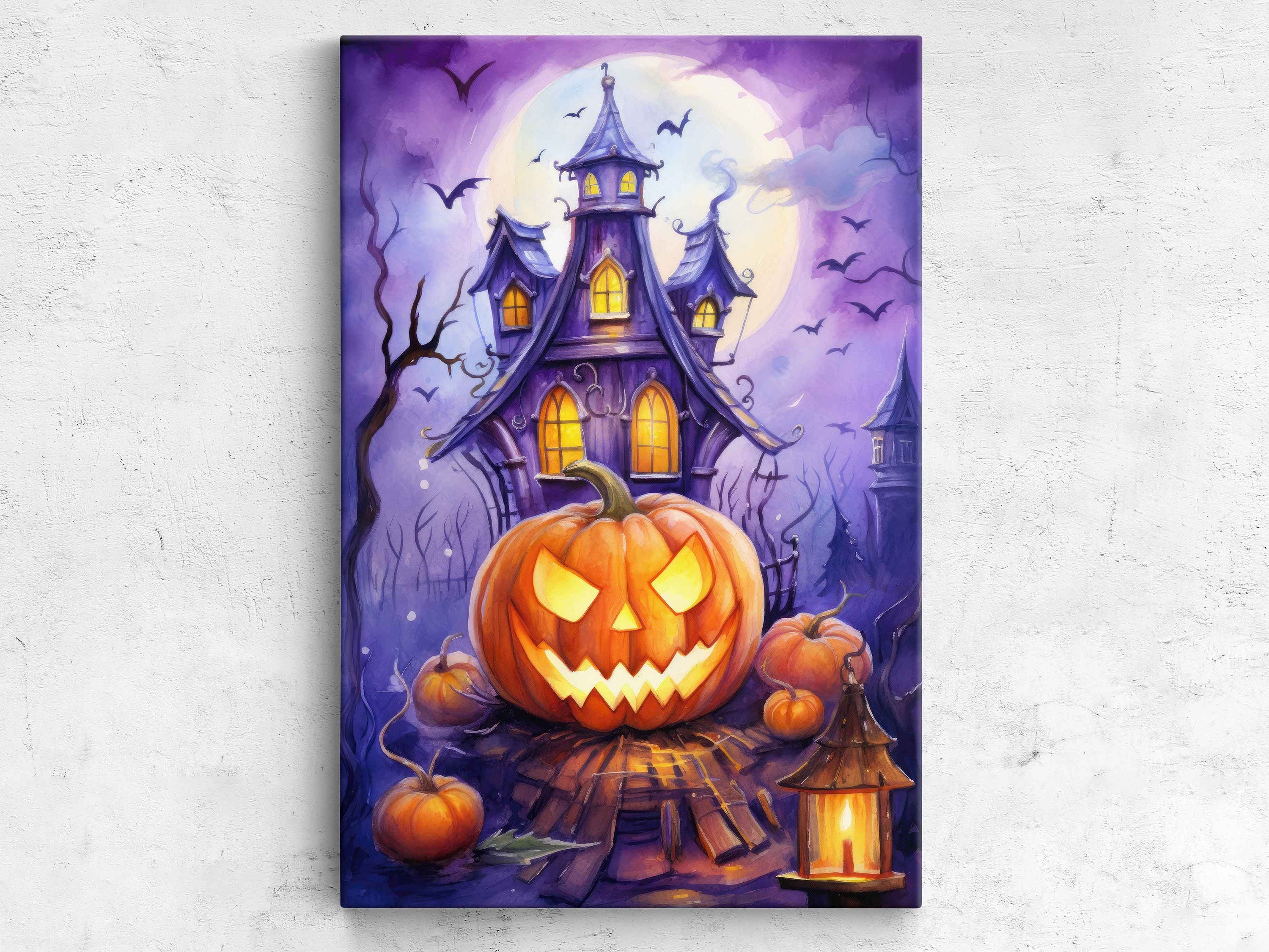 Halloween Jack O Lantern Watercolor Painting, Canvas Wall Art Print ...