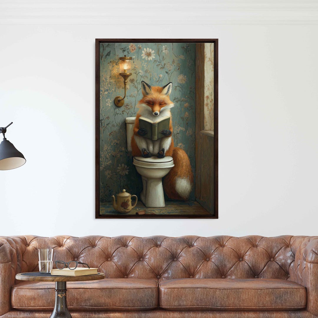 Whimsical Fox Reading a Book, Wall Art Canvas Print, Vintage Bathroom ...