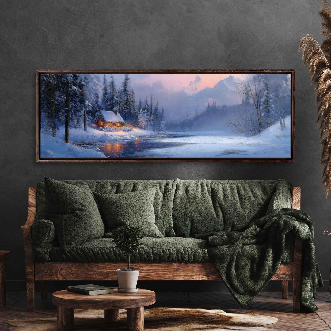 Winter Wonderland Scene, Wall Art Canvas Print, Frozen Pond, Cozy Cabin ...