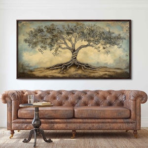 May include: A painting of a large, gnarled tree with a thick trunk and many branches. The tree is set against a background of a cloudy sky and a field of grass. The painting is done in a muted palette of browns, greens, and blues.