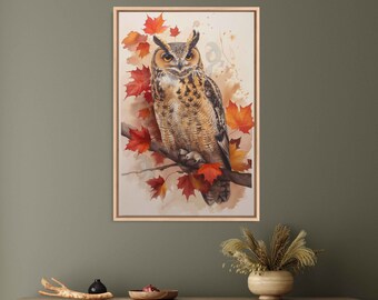 May include: A watercolor painting of an owl perched on a branch with autumn leaves. The owl has brown and white feathers and yellow eyes. The leaves are red, orange, and yellow.