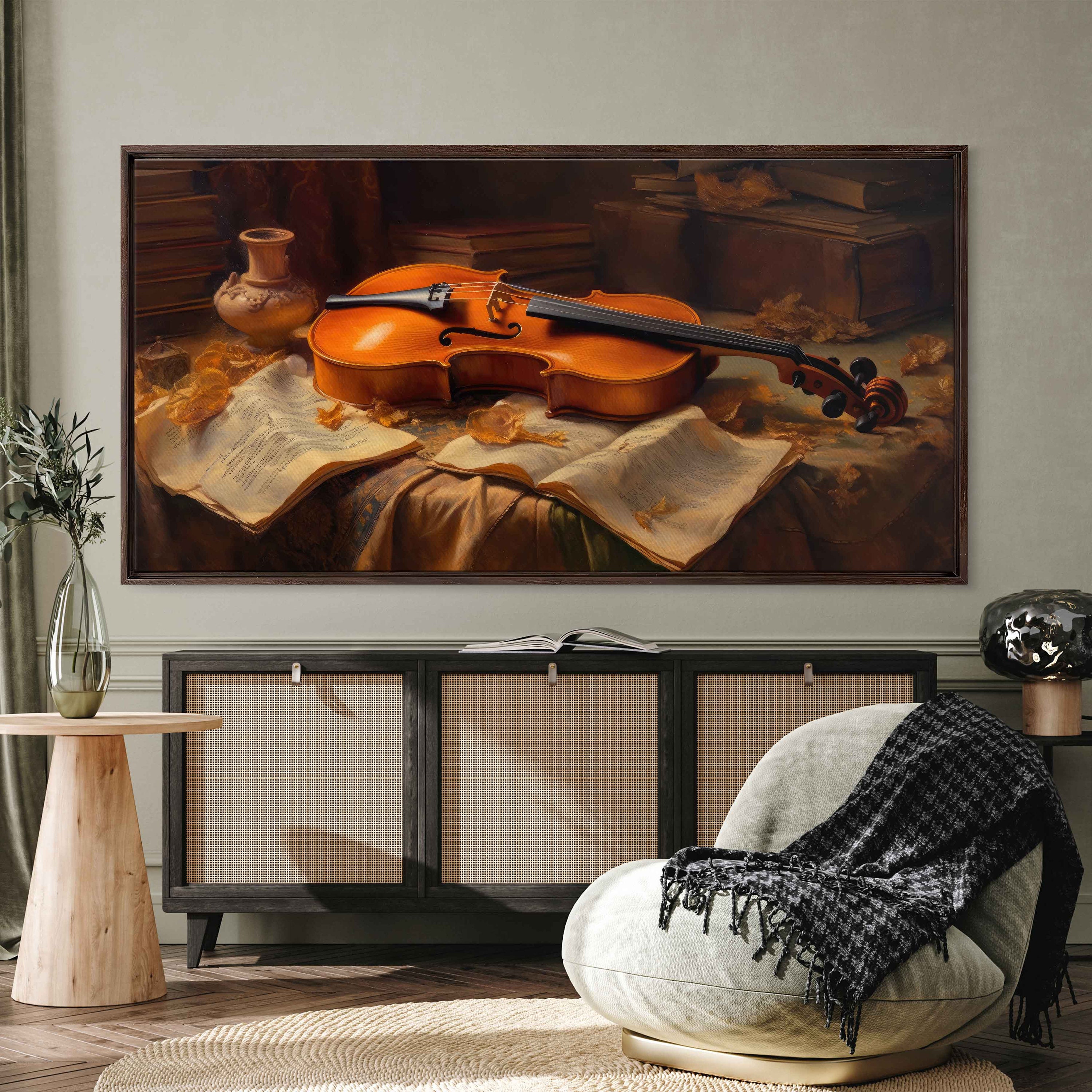 Vintage Violin Painting, Impressionist Art, Acrylic Painting, Framed Canvas Print, Ready To Hang