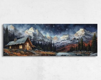 Cabin Starry Night Sky Panoramic Landscape Painting, Framed Canvas Print, Ready To Hang, Coloful Night Sky, Living Room Decor