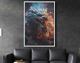 Chinese Dragon Wall Art, Framed Canvas Print, Ready To Hang