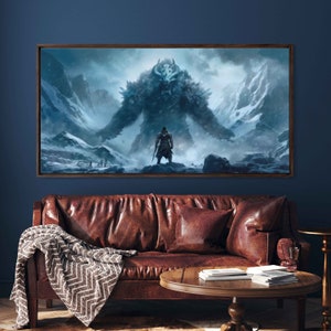 Barbarian Fighting Giant Yeti, Framed Canvas Print, Ready To Hang