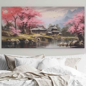 Pink Cherry Tree Blossoms Oil Painting, On The Lake With Japanese Buildings, Digital Print On Canvas, Ready To Hang