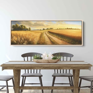Minimalistic Rural Countryside Panoramic Landscape Wall Art Canvas Print, Farmhouse In Wheat Field, Country Sunset, Ready To Hang