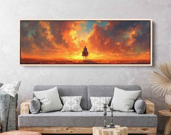 Cowboy Riding Horse, Cloudy Sky, Beautiful Sunset Painting, Framed Canvas Print, Ready To Hang