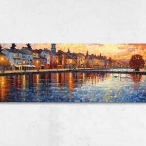 Small Quiet Town On A River Pointillist Painting Wall Art, Framed Canvas Print, Ready To Hang, Panoramic Wall Art