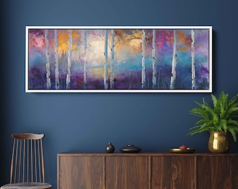 May include: A long, horizontal painting of a forest scene with a row of birch trees in the foreground. The trees are white with black bark and are silhouetted against a colorful background of purple, blue, and yellow. The painting has a white frame.