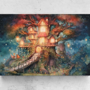 Whimsical Woodland Creatures Treehouse Home, Digital Illustration On Canvas, Ready To Hang, Bedroom Decor, Gift For Kids