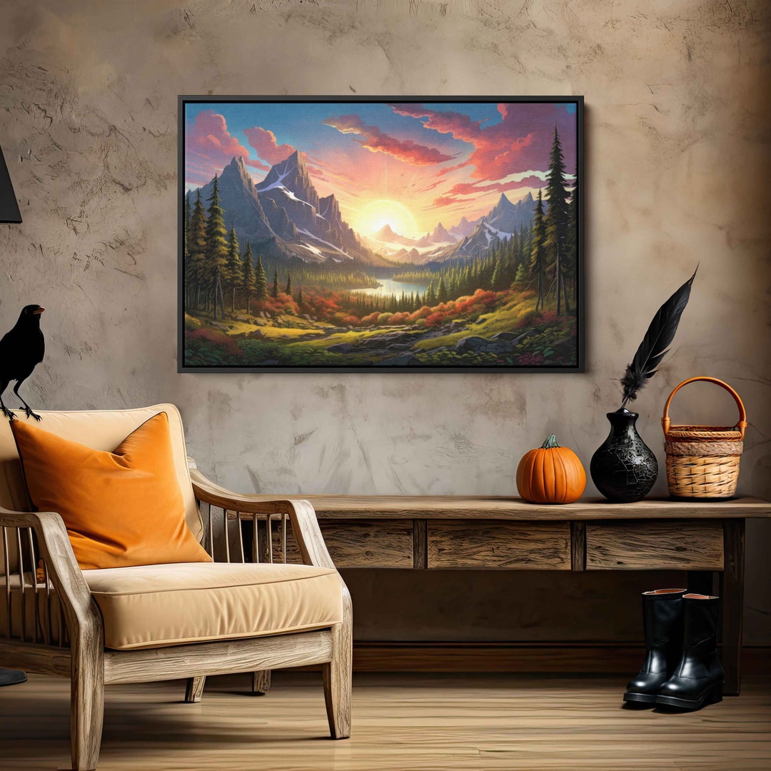 Mountain Forest Sunset Wall Art Canvas Print, Clouds Over Forest ...