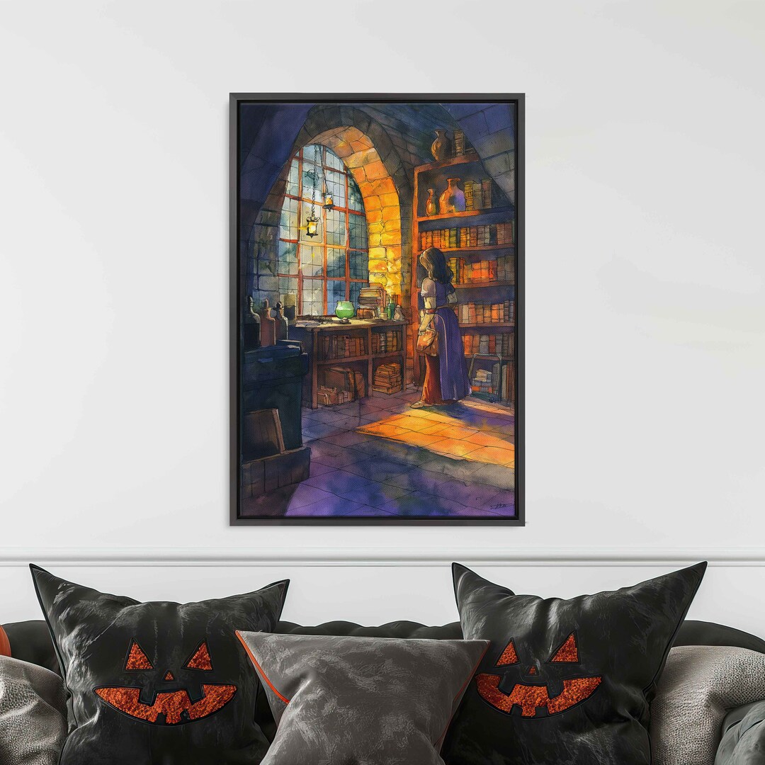 Witch in Magical Library With Grimoire Under Moonlight Shining Through ...