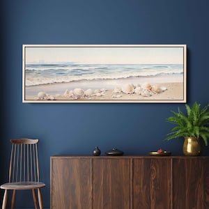 Watercolor Panoramic Sea Shell Beach Wall Art Canvas Print, Crashing Ocean Waves Ashore, Ready To Hang