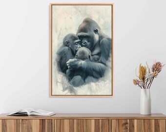 Puede incluir: Una pintura de acuarela de una familia de gorilas, con la madre gorila sosteniendo a sus dos crías cerca. Los gorilas están representados en un color azul suave y apagado, y el fondo es una acuarela ligera y aireada.