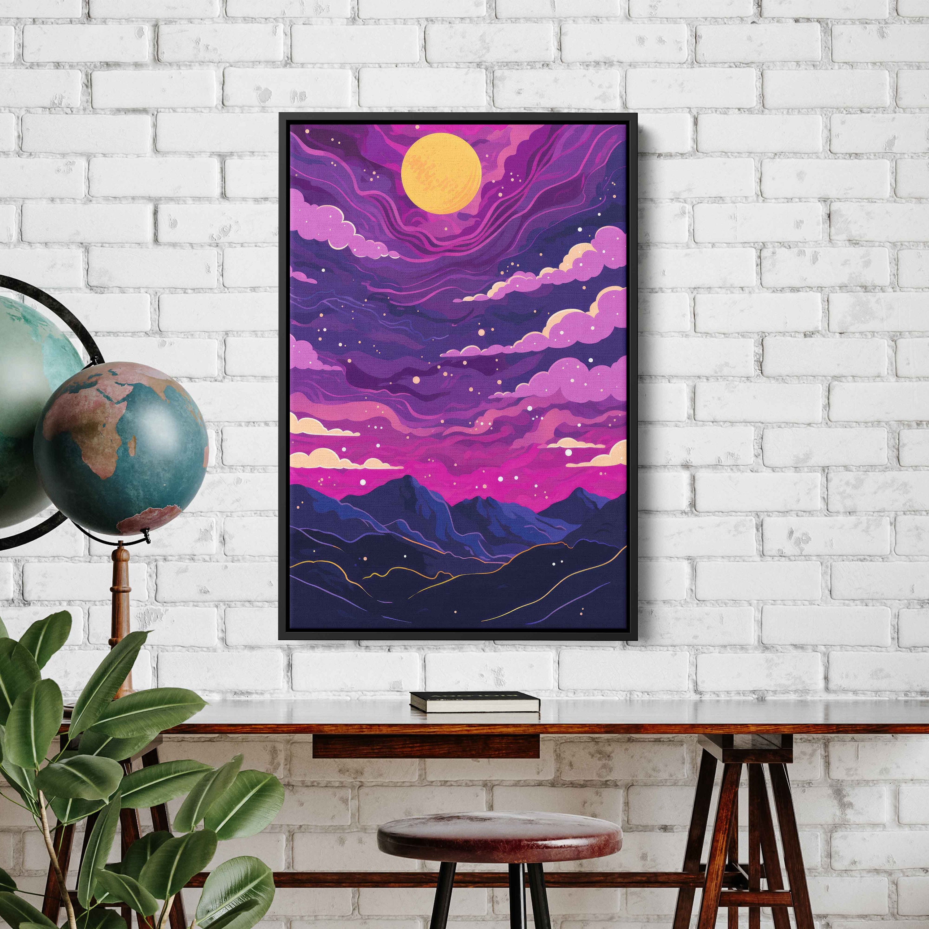 Neon Sunset Landscape Abstract Wall Art Canvas Print, Vibrant