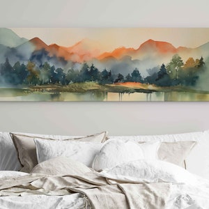 Colorful Panoramic Watercolor Landscape, Forest Mountains And Lake, Digital Print On Canvas, Ready To Hang, Guest Room Decor, Office Decor