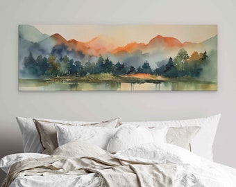 Colorful Panoramic Watercolor Landscape, Forest Mountains And Lake, Digital Print On Canvas, Ready To Hang, Guest Room Decor, Office Decor