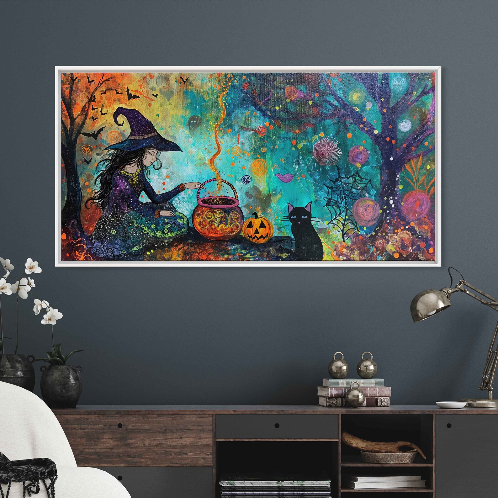 Witch Brewing Potion in Cauldron With Her Black Cat and Jack O Lantern ...