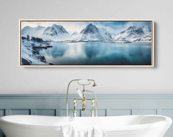 Serene Lakeside Mountain Range, Panoramic Wall Art, Lake And Snowy Mountains, Framed Canvas Print, Ready To Hang