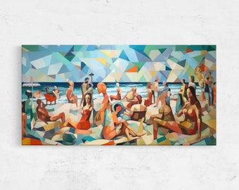 Abstract Painting Of Lively Beach, Cubist Art Style, Framed Canvas Print, Ready To Hang