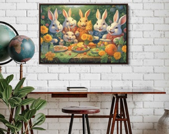 Whimsical Bunny Rabbit Family Painting, Framed Canvas Print, Ready To Hang