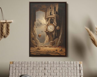 Stone Clock In A Cave, Surrealism Art Painting, Canvas Print, Ready To Hang