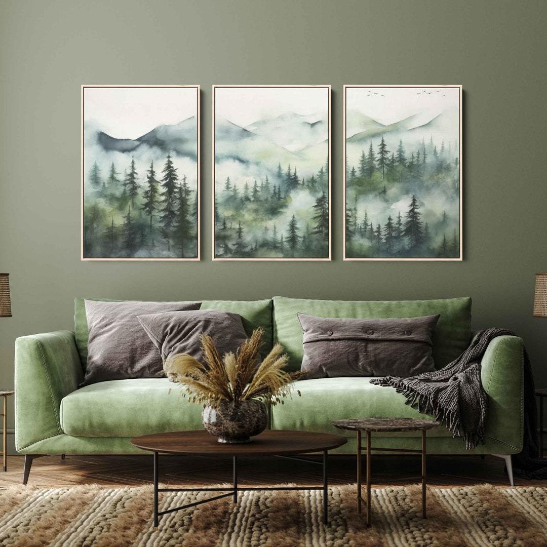 Foggy Forest Abstract Watercolor Painting, 3 Piece Wall Art, Framed ...