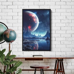 Breathtaking Planetscape Wall Art Canvas Print, Space Landscape, Celestial Mountains, Outer Space Water Bodies, Solar Flares, Ready To Hang