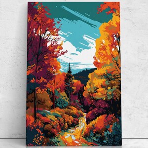Vibrant Autumn Pop Art Landscape, Digital Illustration On Canvas, Fall Orange Leaves, Ready To Hang Canvas, October Decor