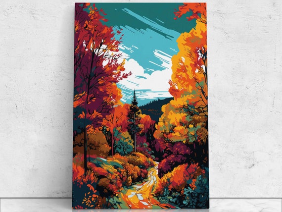 Vibrant Autumn Pop Art Landscape, Digital Illustration on Canvas